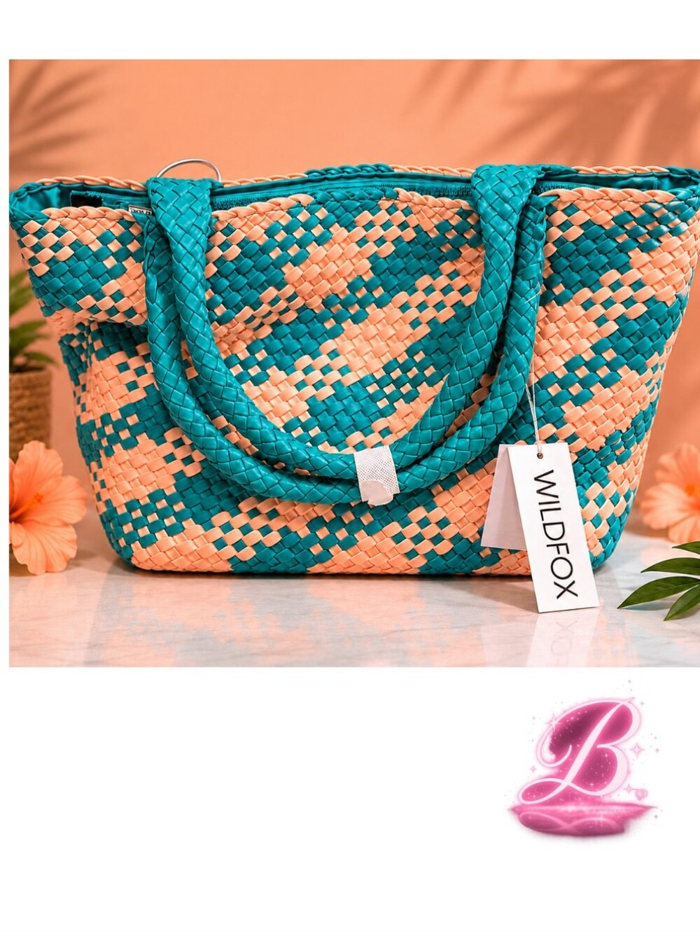 Wildfox Large Woven Pool/Beach Tote - Turquoise & Peach
